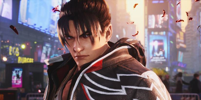 Jin Kazama scowling in a city in Tekken 8