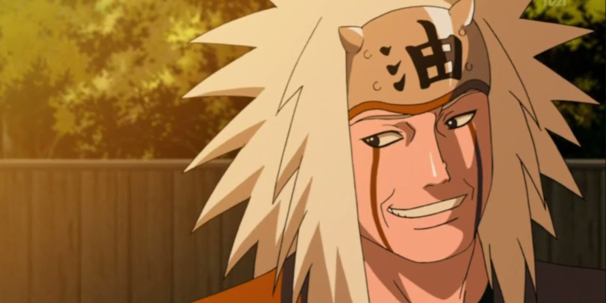 Screenshot of Jiraiya smiling in the sunlight in Naruto Shippuden anime as he says goodbye to Tsunade for the last time.