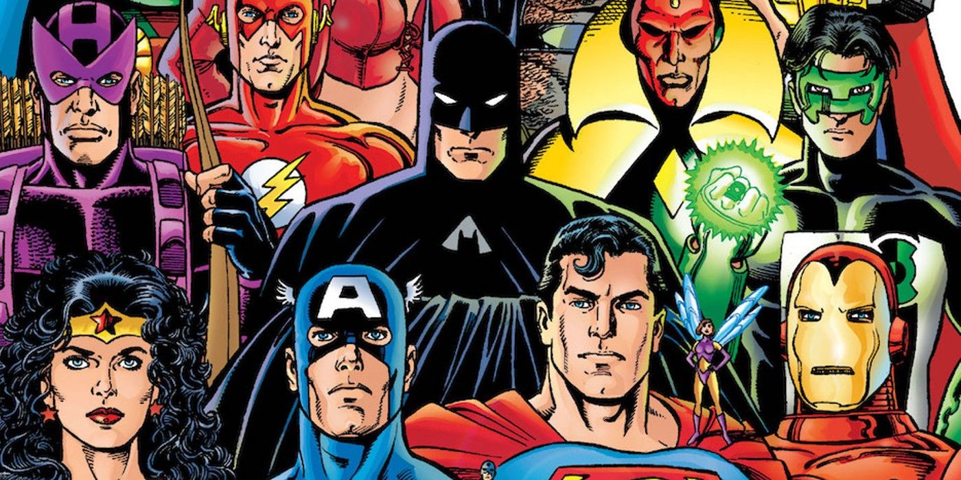 jla avengers cover art with batman in the middle