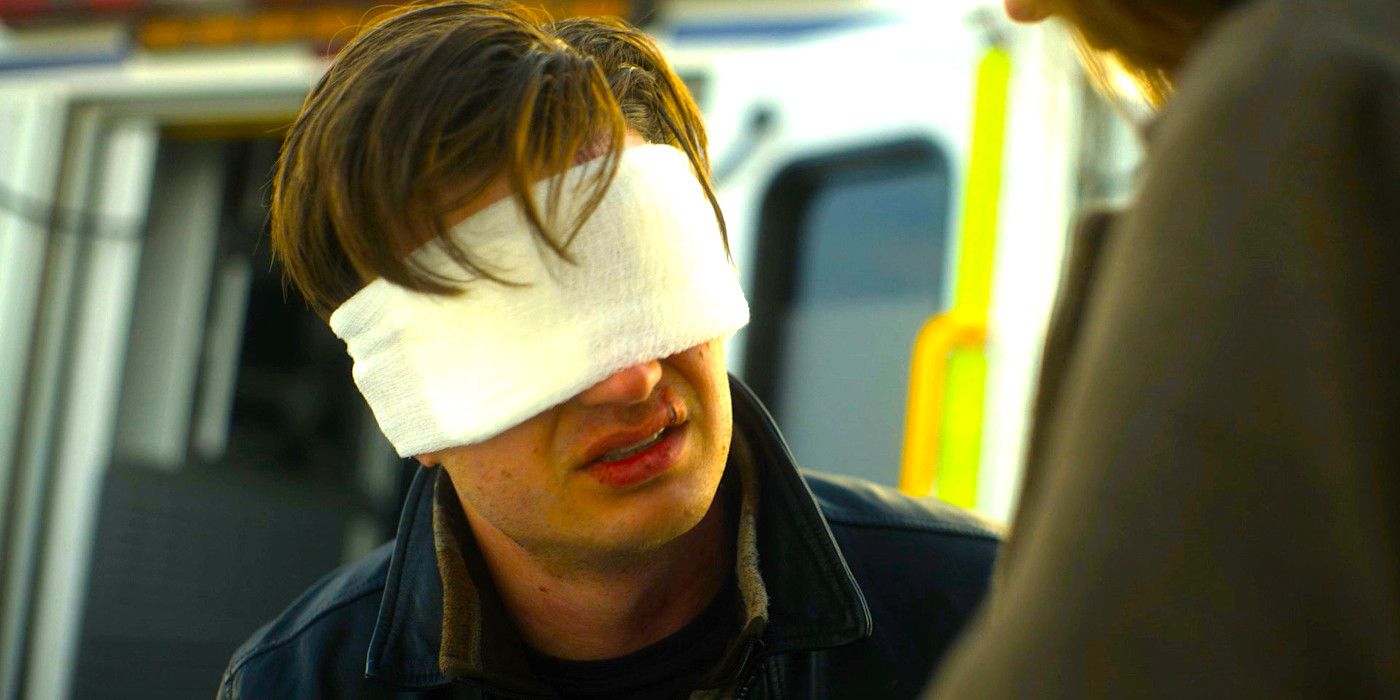 Joe Keery as Gator wearing white bandages over his eyes in a dramatic scene from Fargo season 5