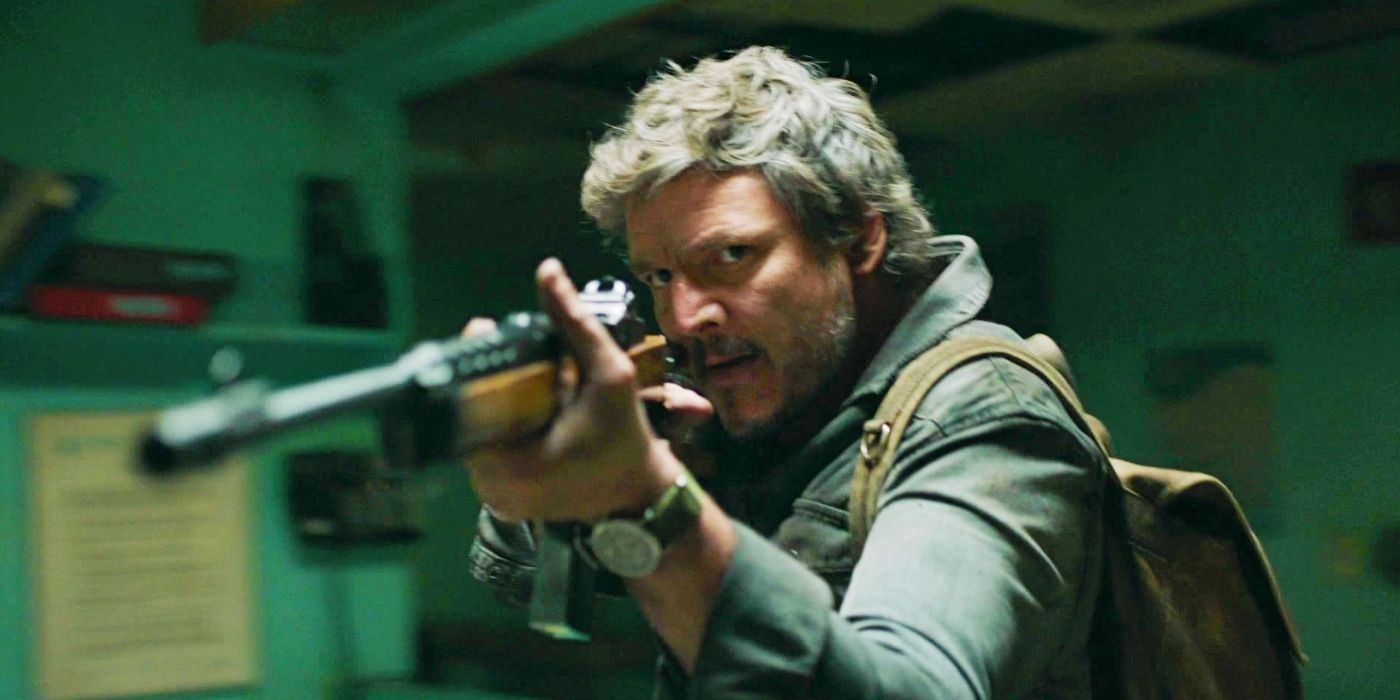 Pedro Pascal como Joel Miller apontando um rifle e parecendo zangado no final da 1ª temporada de The Last Of Us