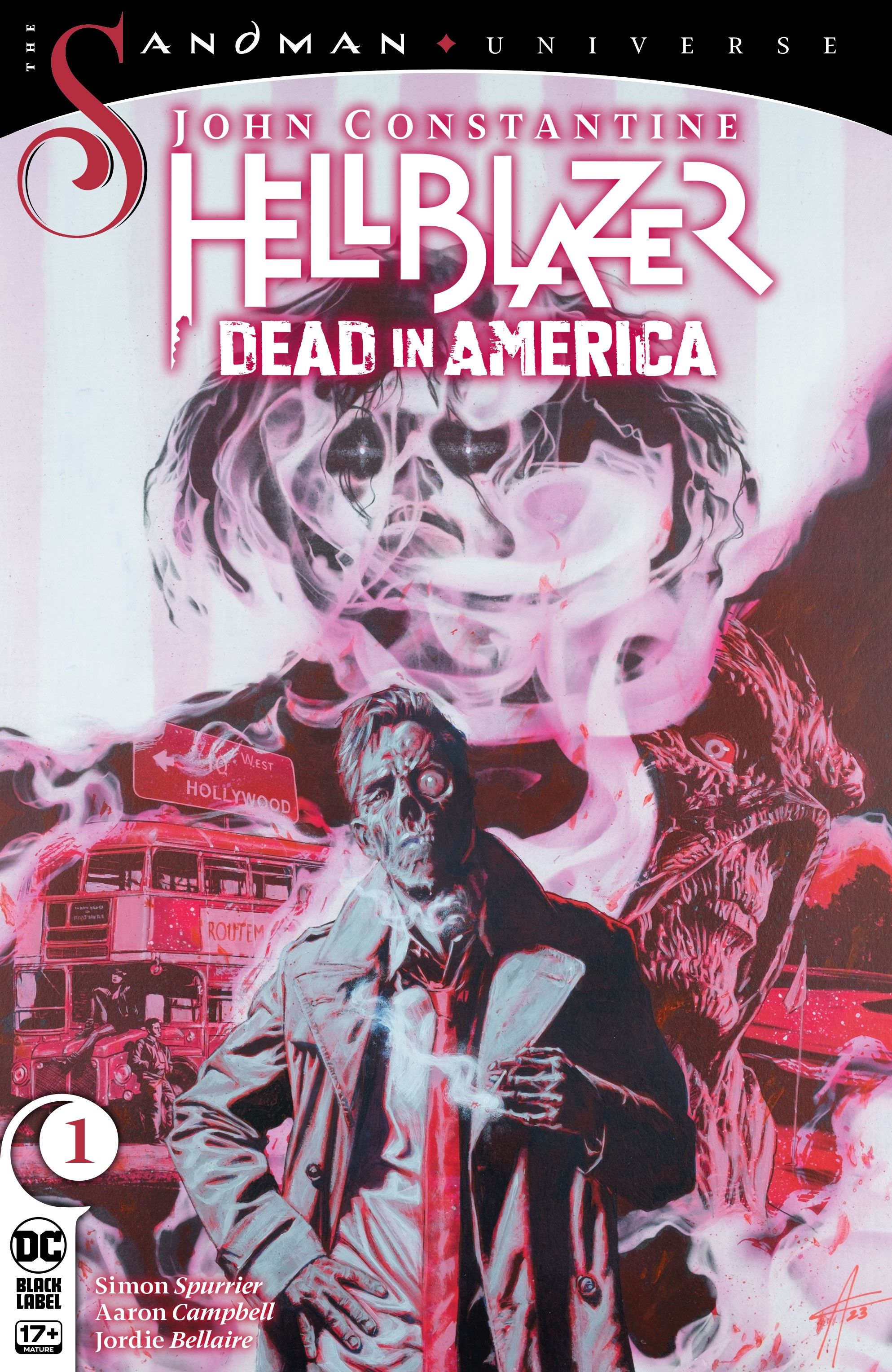 Hellblazer: Dead in America #1 cover, John Constantine standing in front of a diner, with half his face a skeleton.