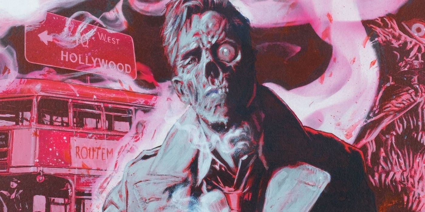 Image of John Constantine, with half of his face a skull, standing in front of a diner.