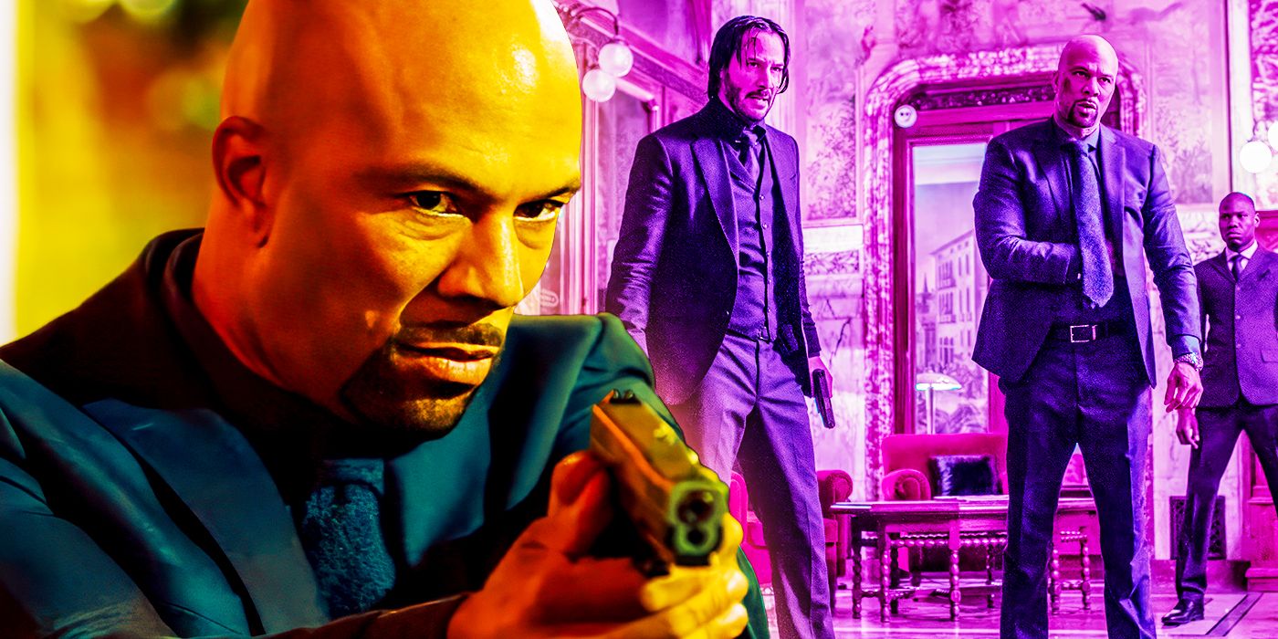 Common as Cassian holding a gun and standing next to Keanu Reeves in John Wick: Chapter 2