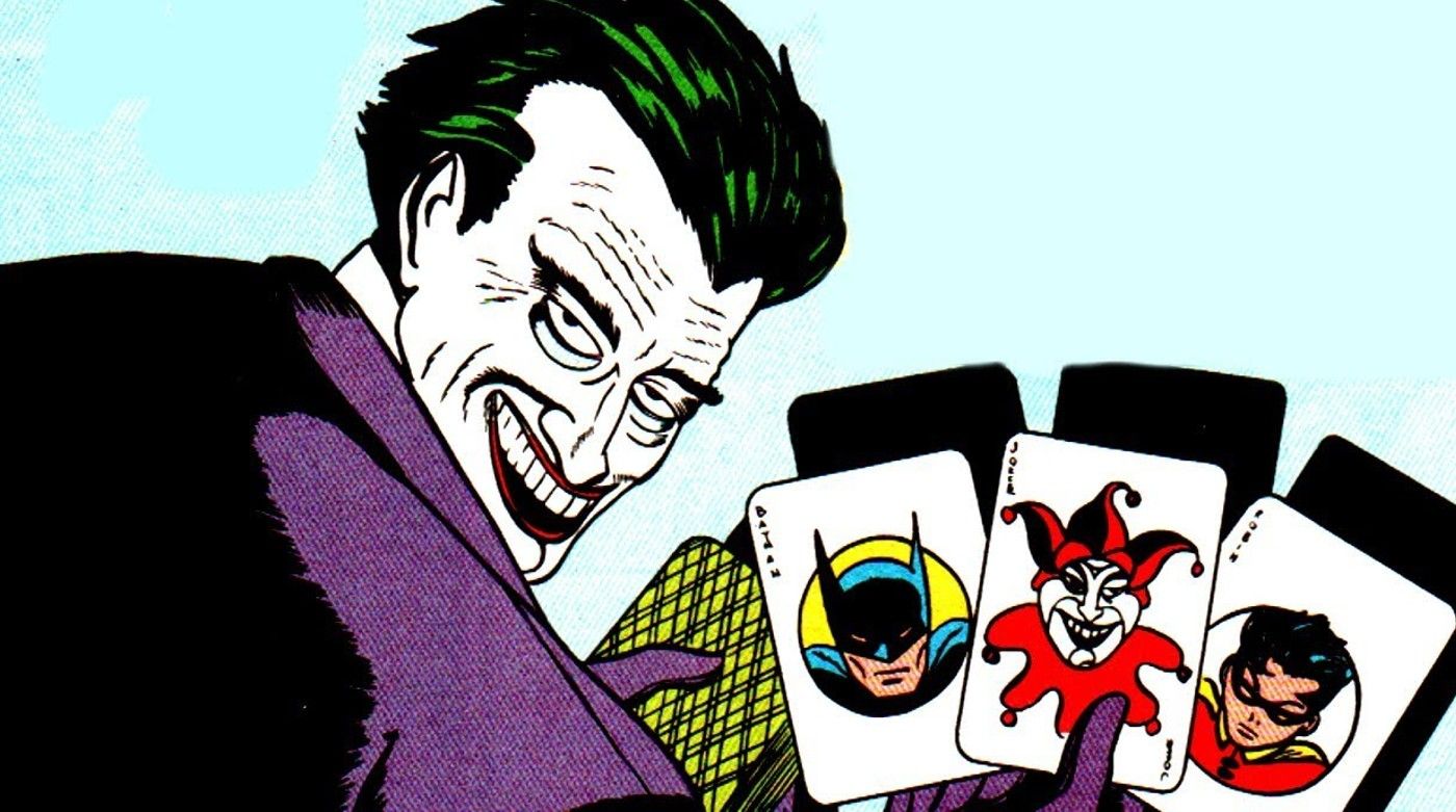 Arte de quadrinhos: a primeira aparição do Coringa em DC Comics segurando cartas de jogo com os rostos de Batman e Robin