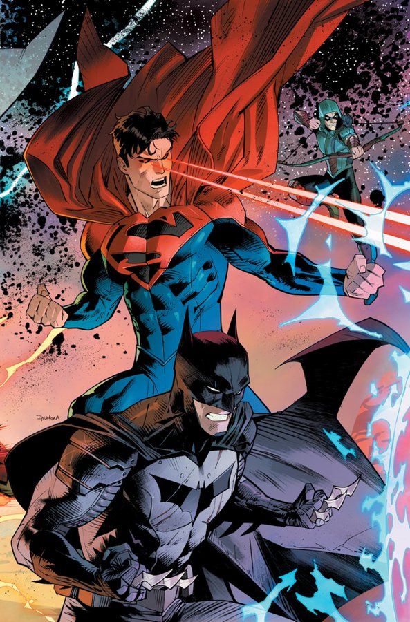Jon Kent and Damian Wayne. Superman and Batman on Mora’s cover to DCeased War of the Undead Gods #3.