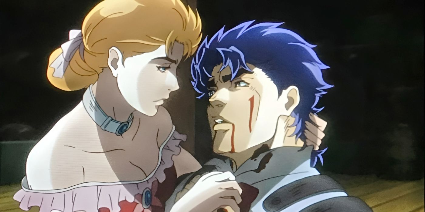 Erina segura Jonathan mortalmente ferido enquanto ele fala com ela em Jojo's Bizarre Adventure: Phantom Blood.