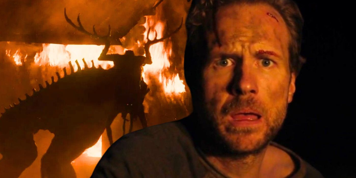 A collage of Rafe Spall in The Ritual next to the Jotunn, the movie's monster.
