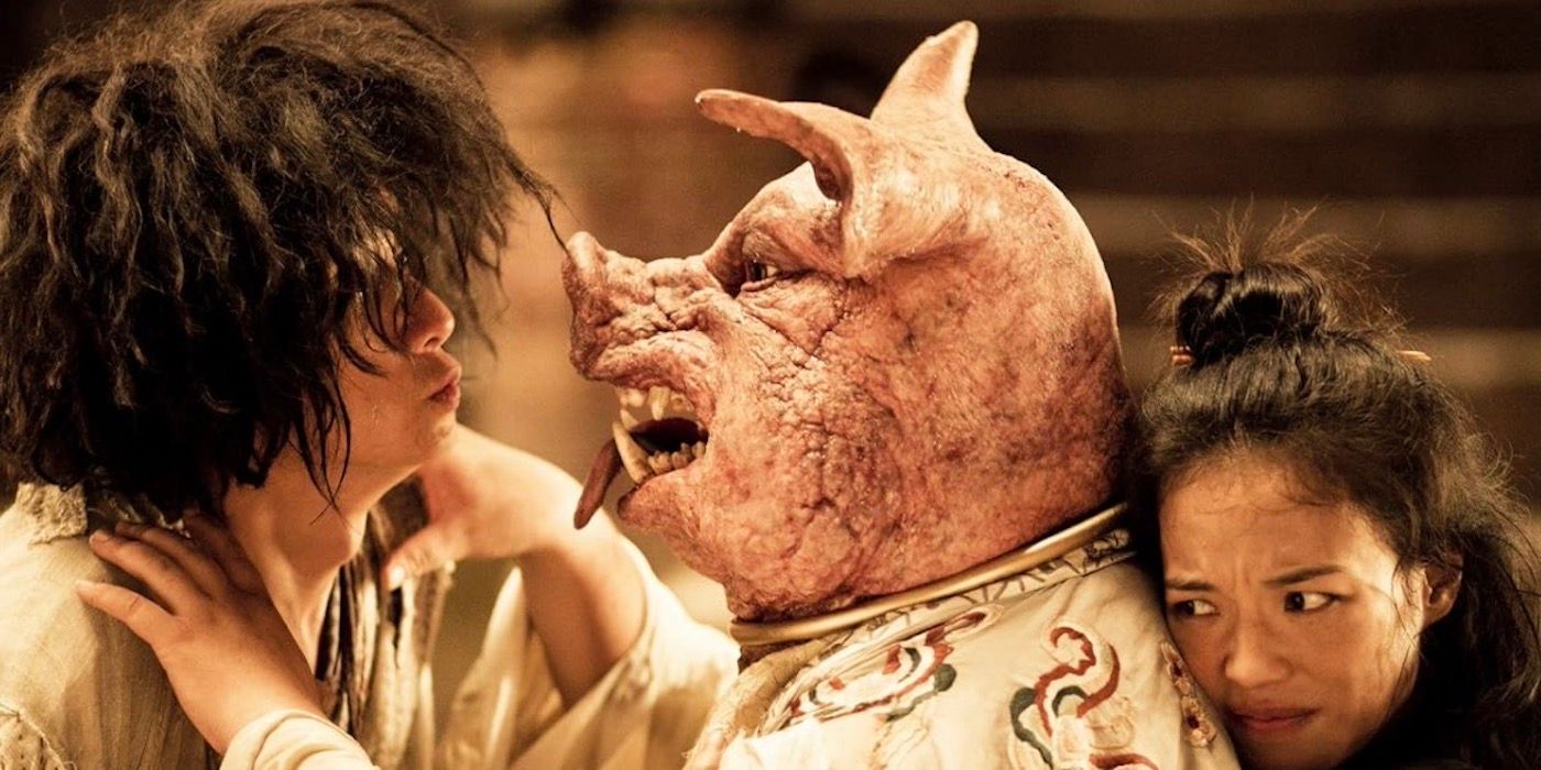 Sanzang and Duan confronting the Demon Zhu Bajie