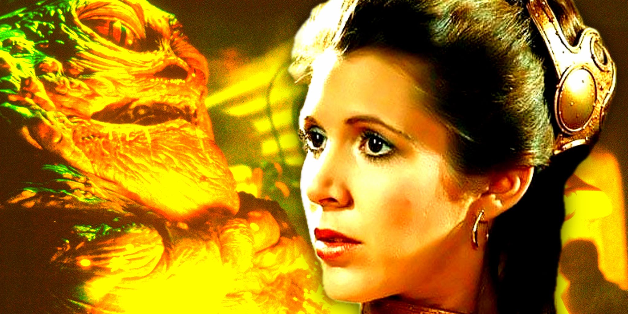 Leia Organa in her Huttslayer hair superimposed over her killing Jabba the Hutt in Return of the Jedi