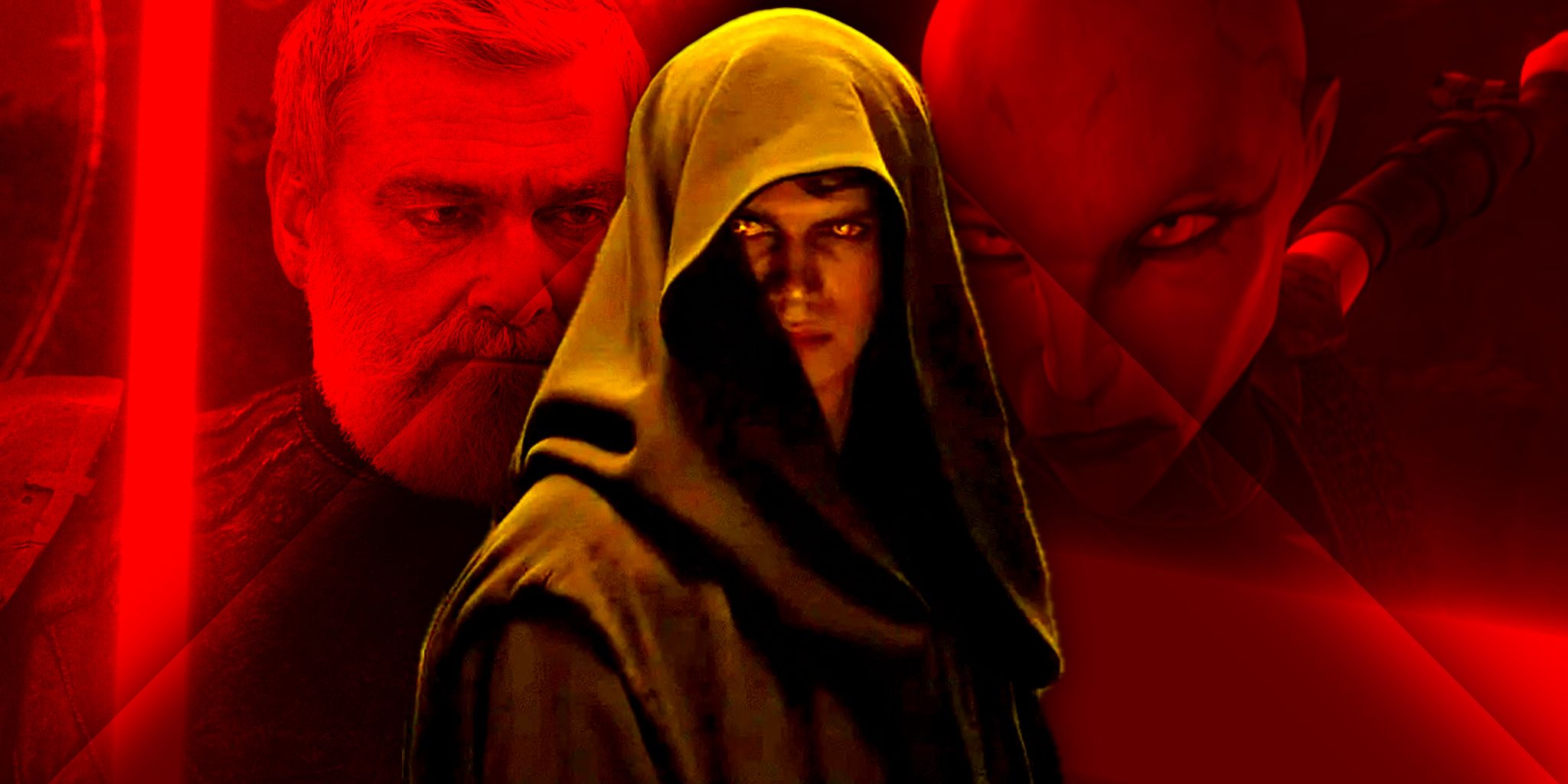 Ray Stevenson's Baylan Skoll, Hayden Christensen's Anakin Skywalker, and Asajj Ventress superimposed together in Star Wars