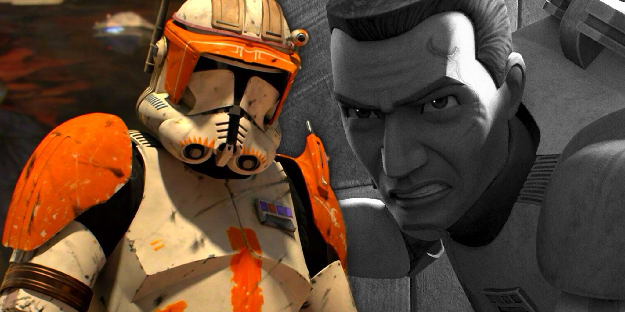 Commander Cody receives Order 66 in Revenge of the Sith superimposed over angry Cody in The Bad Batch season 2
