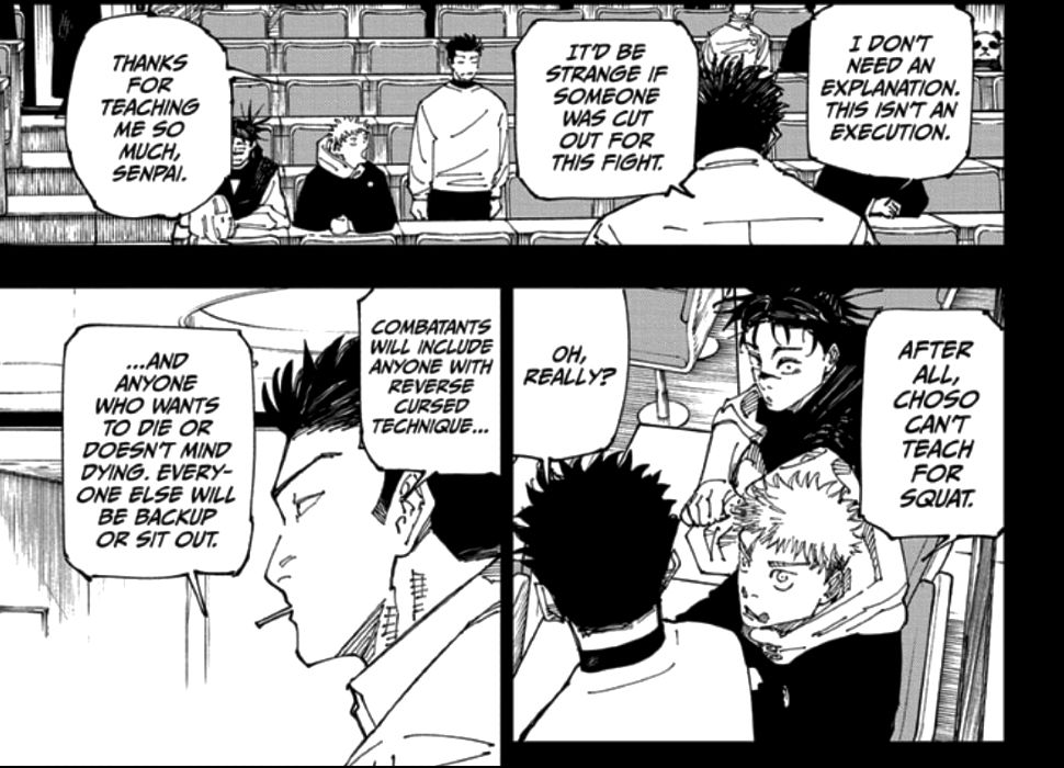 Yuji agradece a Noritoshi por ensiná-lo enquanto os feiticeiros discutem seu plano contra Sukuna e Kenjaku em Jujutsu Kaisen Capítulo 244