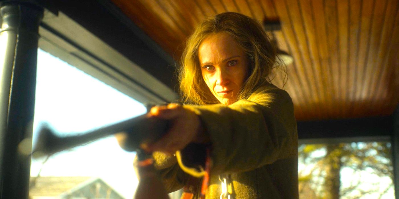 Juno Temple ferociously pointing a rifle in a dramatic scene from the Fargo season 5 finale