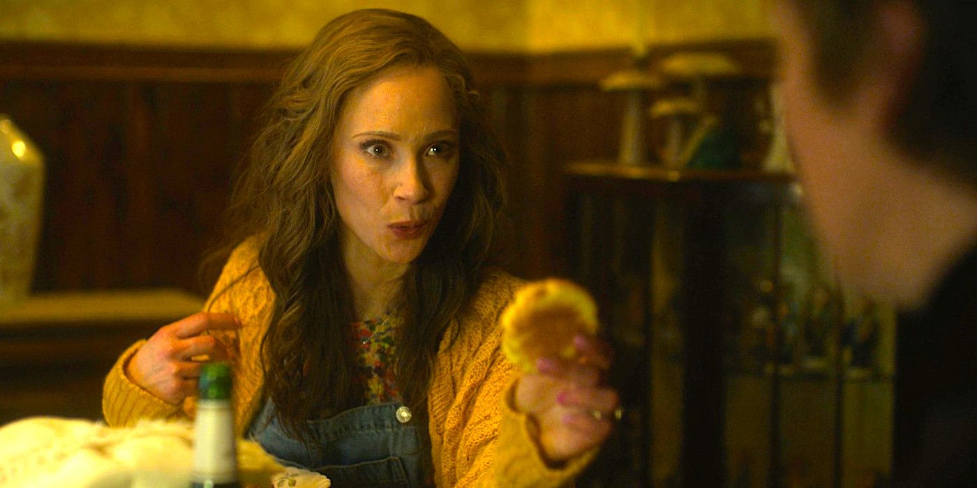 Juno Temple as Dot holding out a biscuit in a scene from the Fargo season 5 finale