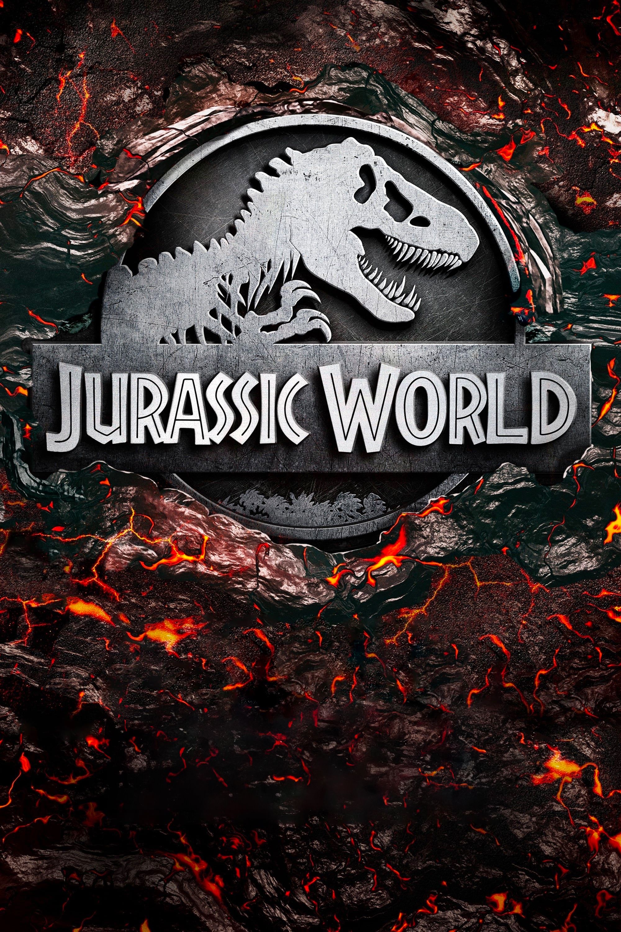 Pôster do filme Jurassic World mostrando o logotipo do dinossauro enterrado na lava