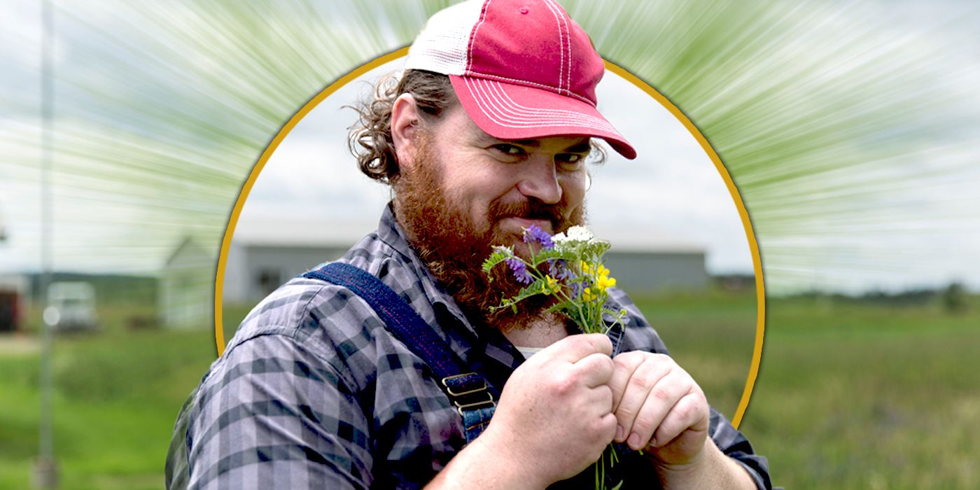 K. Trevor Wilson as Dan holding flowers in Letterkenny Exclusive header