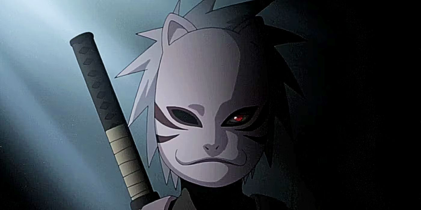 A young Kakashi wearing an ANBU mask in Naruto.