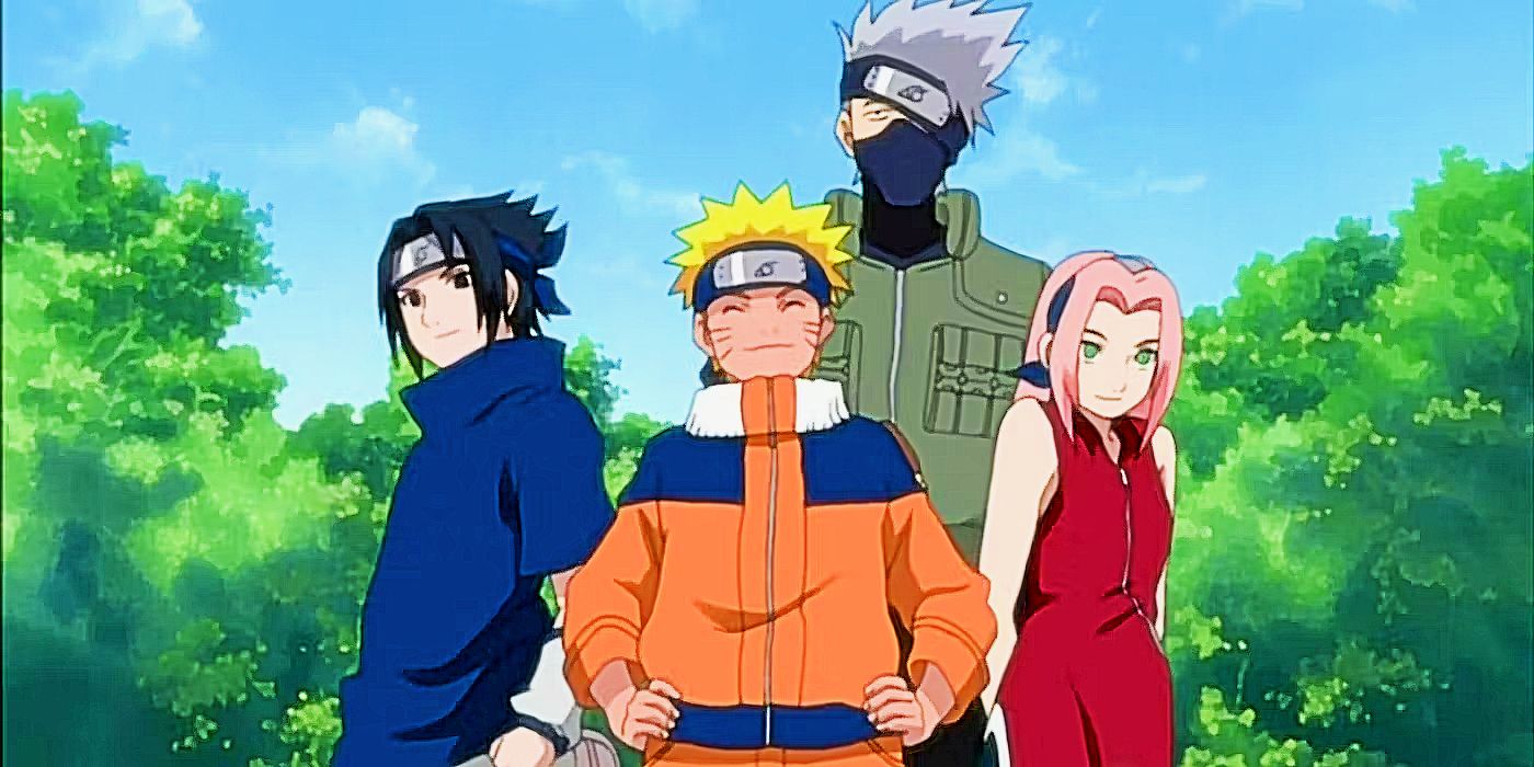 Kakashi and team 7 (Naruto, Sasuke, and Sakura) taking a picture.