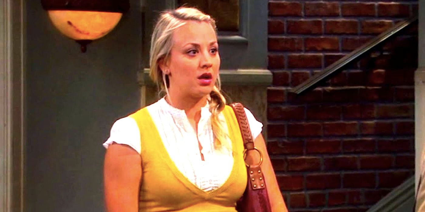 Kaley Cuoco's Penny stands in a hallway looking shocked in The Big Bang Theory