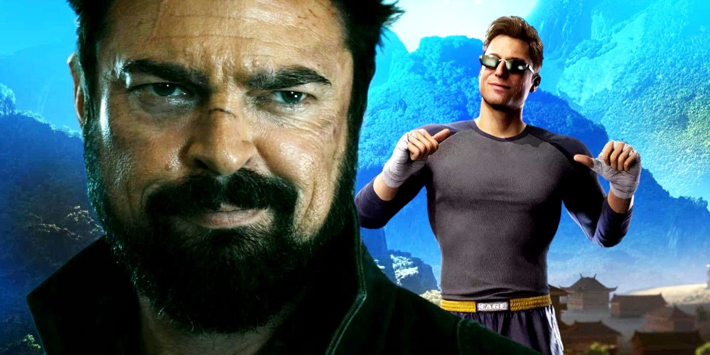 Karl Urban as Butcher smiling in The Boys and Johnny Cage pointing at himself in the Mortal Kombat game