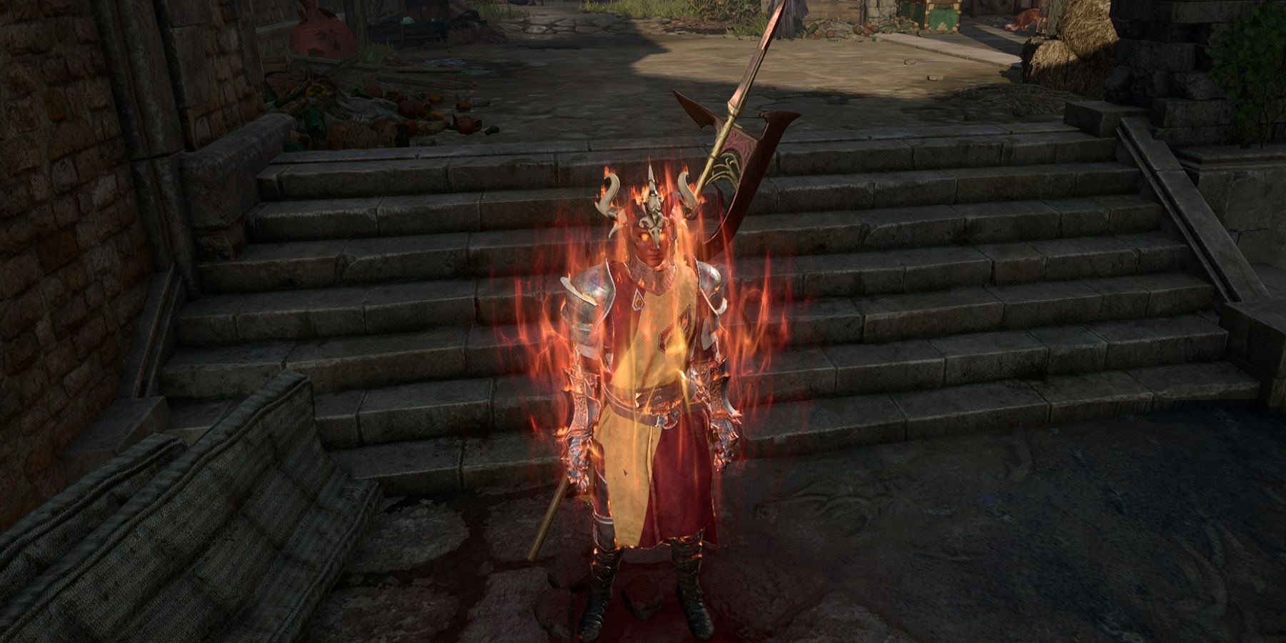 A flaming Karlach after consuming a Soul Coin in Baldur's Gate 3.