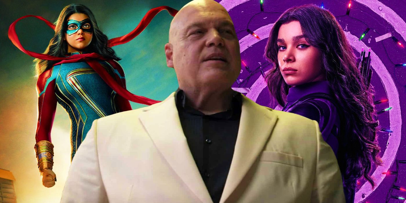 Kate Bishop and Ms Marvel in MCU posters either side of Wilson Fisk/Kingpin