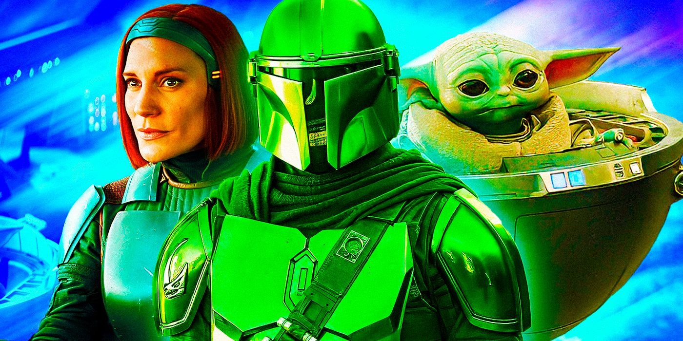 Din Djarin, Katee Sackhoff&rsquo;s Bo-Katan Kryze, and Grogu all superimposed together in The Mandalorian season 3