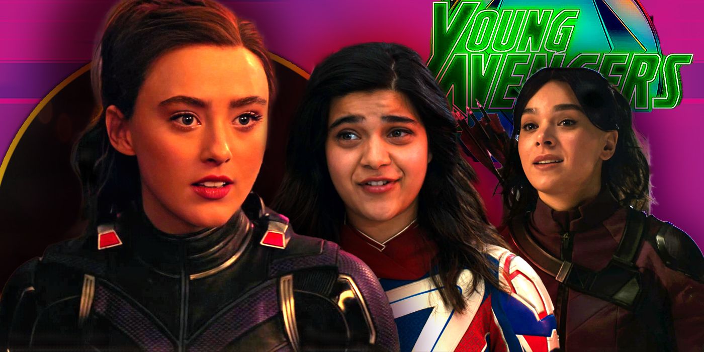Kathryn Newton como Cassie, Iman Vellani como Kamala e Hailee Steinfeld como Kate no cabeçalho exclusivo dos Jovens Vingadores