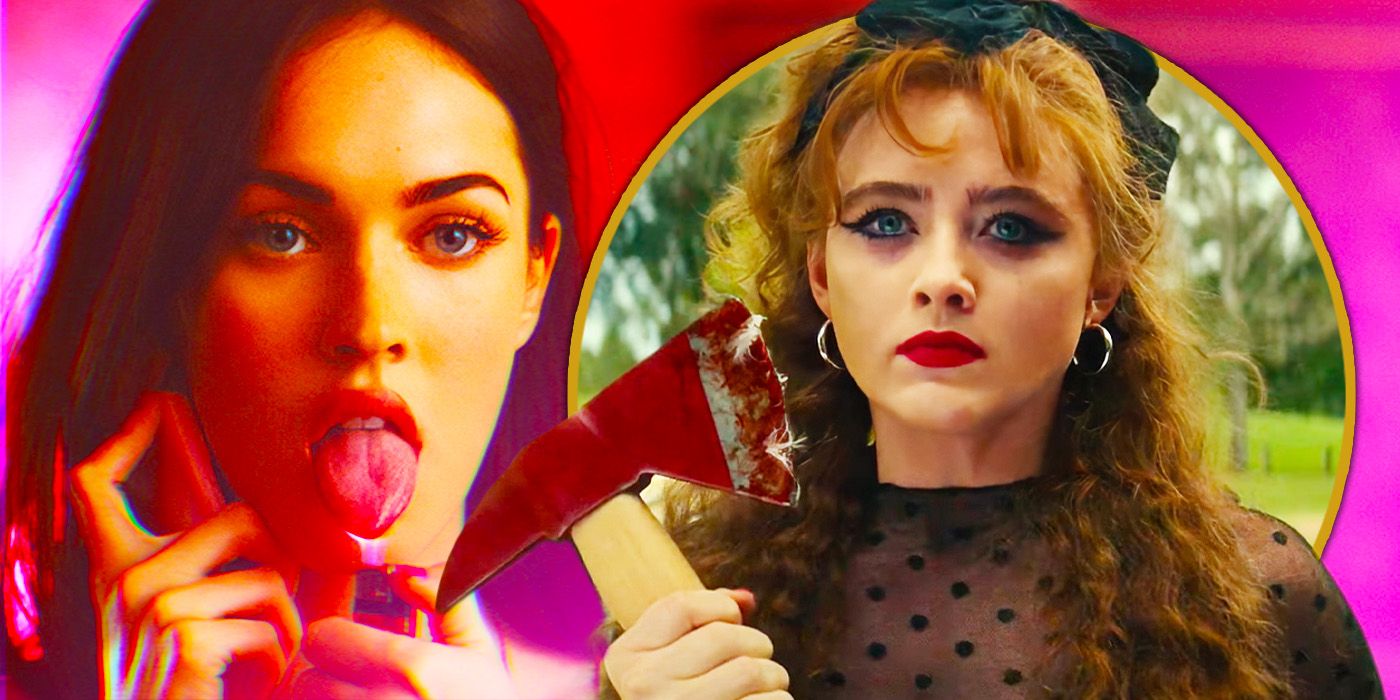 Kathryn Newton holding an axe in Lisa Frankenstein on right with Megan Fox sticking tongue out in Jennifer's Body on left