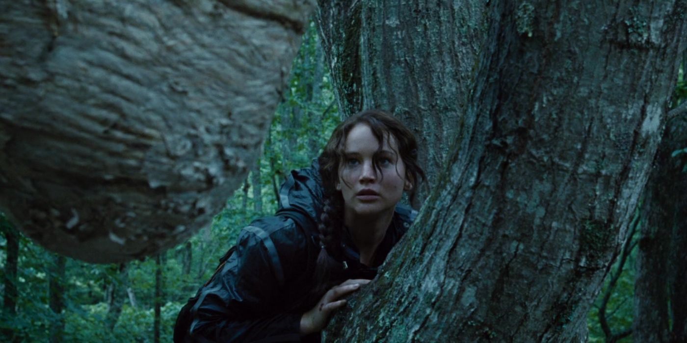 Katniss (Jennifer Lawrence) climbing a tree and looking at a wasp nest in The Hunger Games 