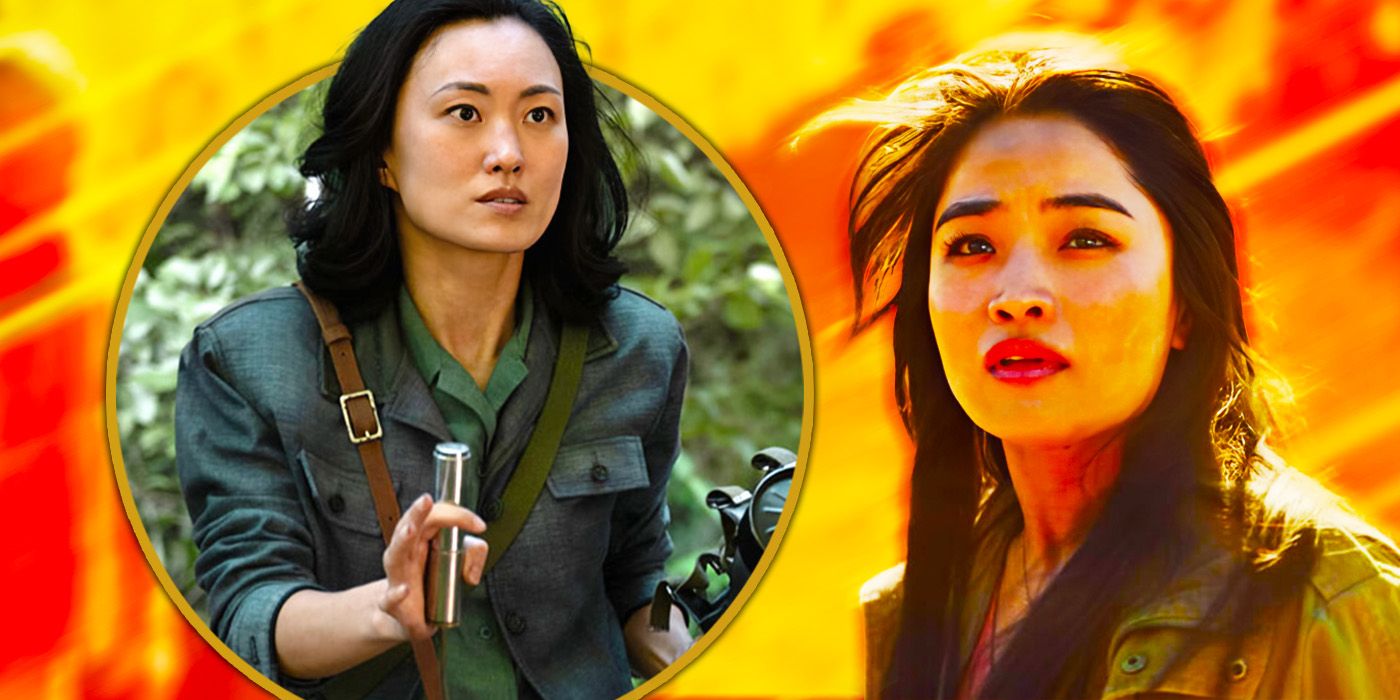 Edited image of Monarch: Legacy of Monsters' Keiko in jungle & Cate looking into the distance
