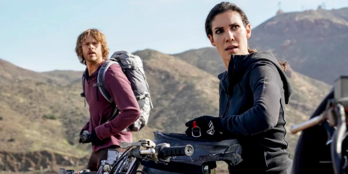 Kensi (Daniela Ruah) and Deeks (Eric Christian Olsen) riding dirt bikes in Mexico in the NCIS LA seasos finale.