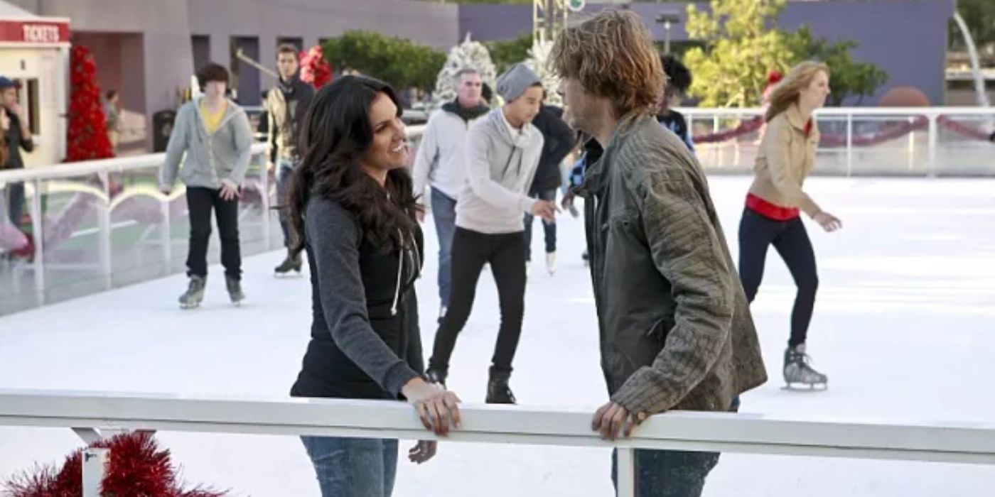 Kensi (Daniela Ruah) and Deeks (Eric Christian Olsen) smiling at each other on an ice rink in NCIS LA season 6 episode 11.