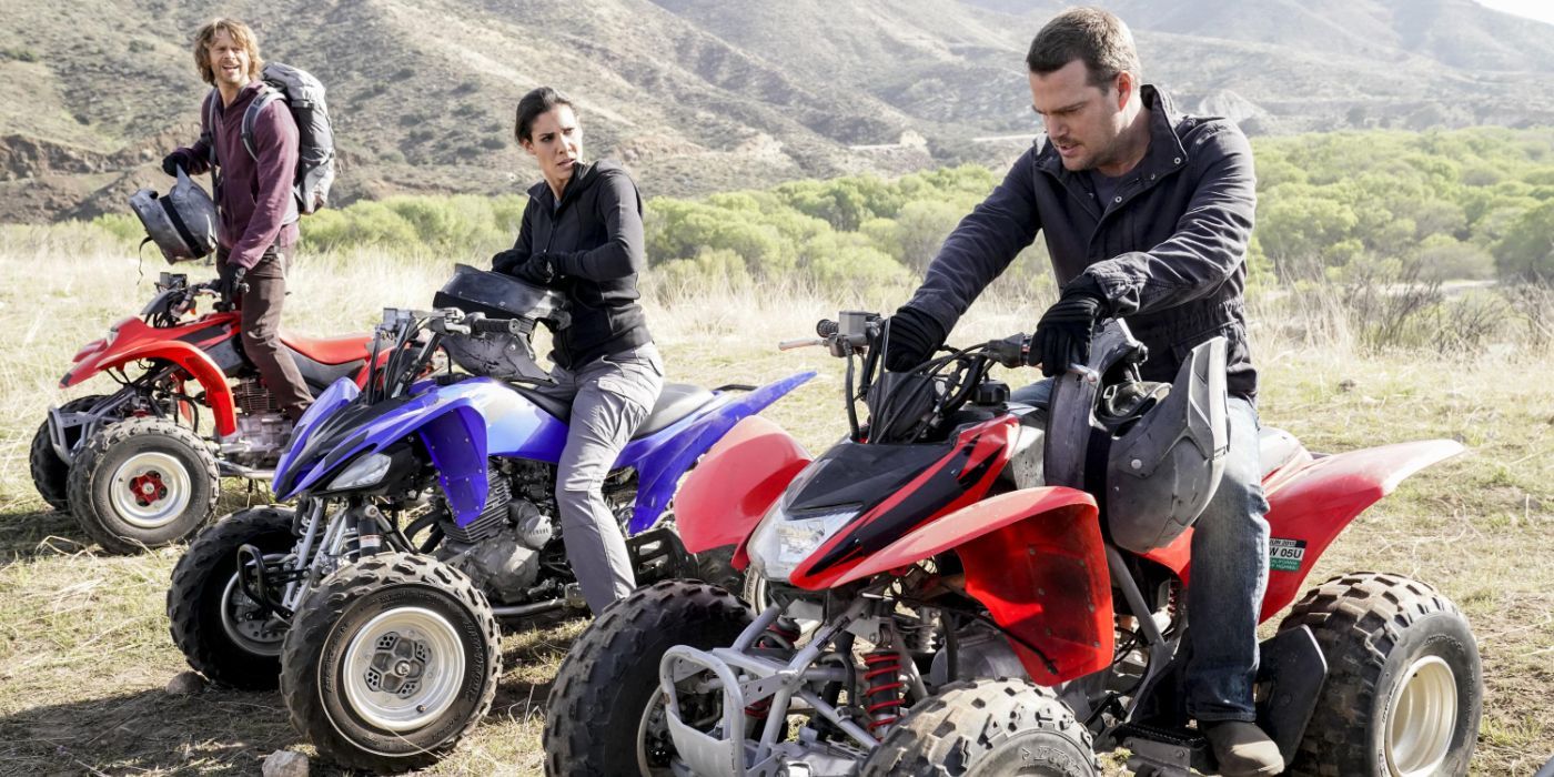 Kensi (Daniela Ruah), Deeks (Eric Christian Olsen), and Callen all on ATVs in Mexico in the NCIS LA seasos finale.