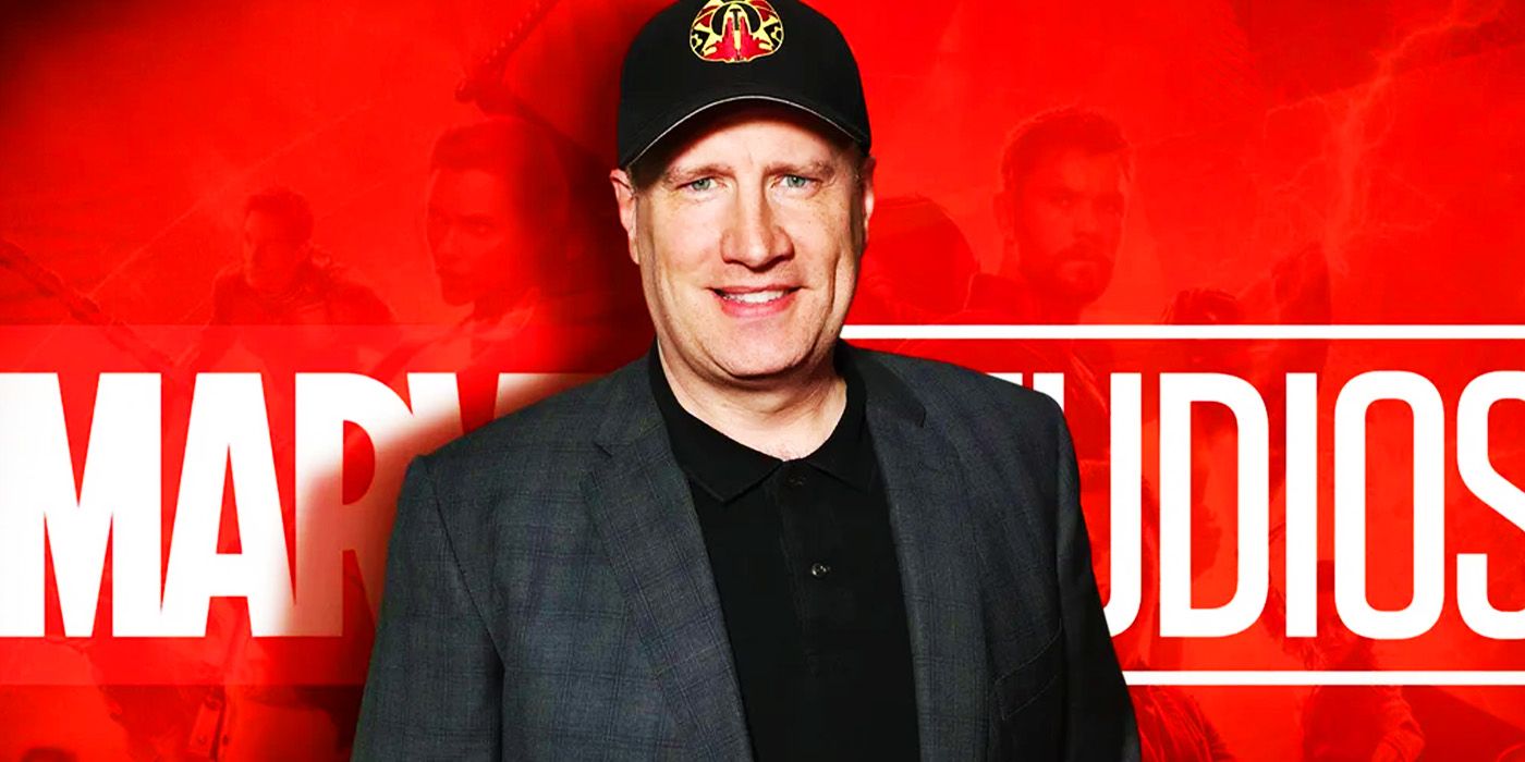 Kevin Feige in front of the Marvel Studios logo