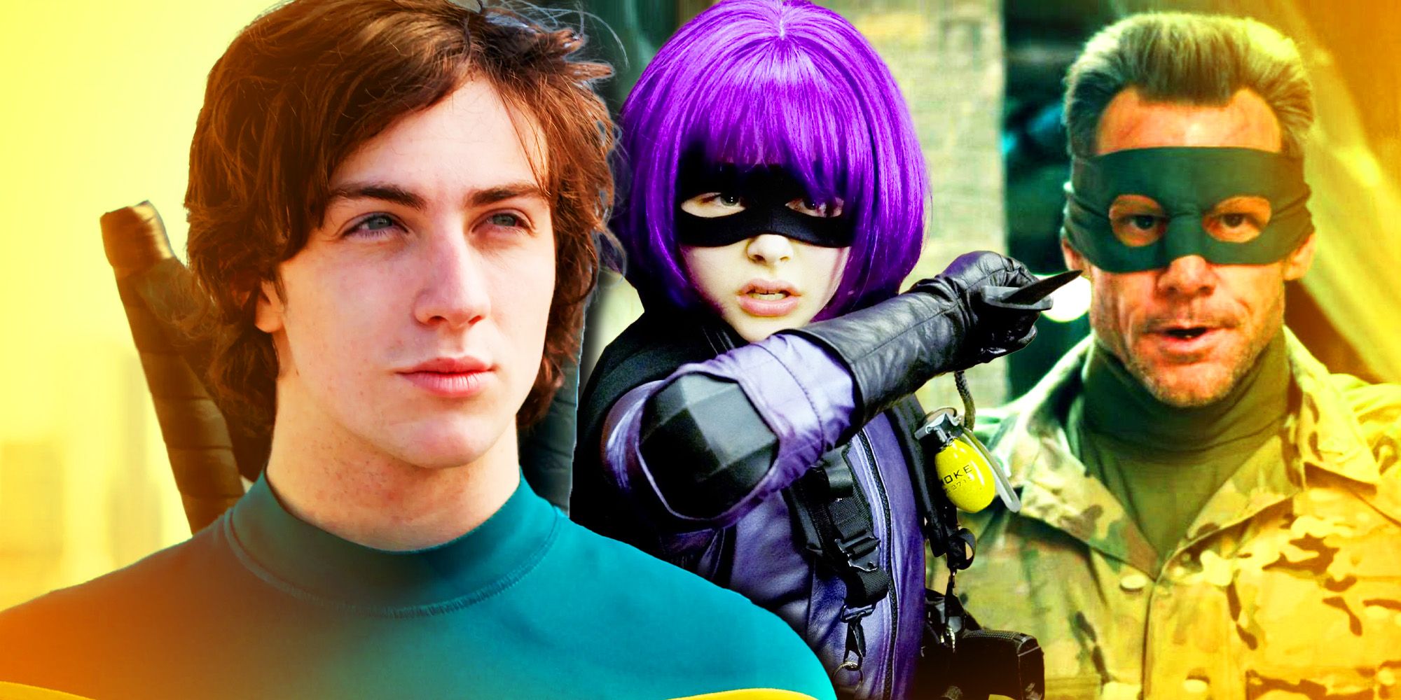 Kick-Ass and Hit-Girl in the first movie and Jim Carrey in Kick-Ass 2