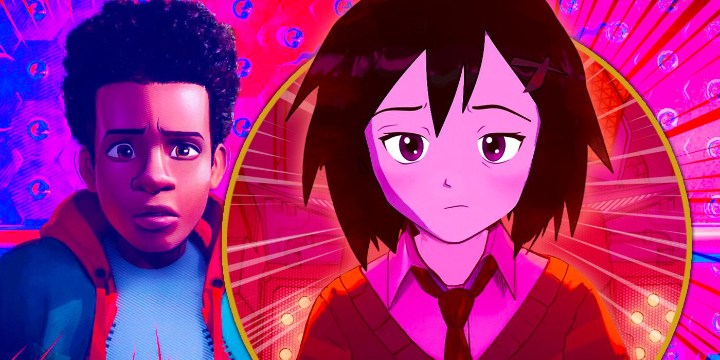 Peni Parker looking dissatified on the right and Miles Morales looking confused on the left.