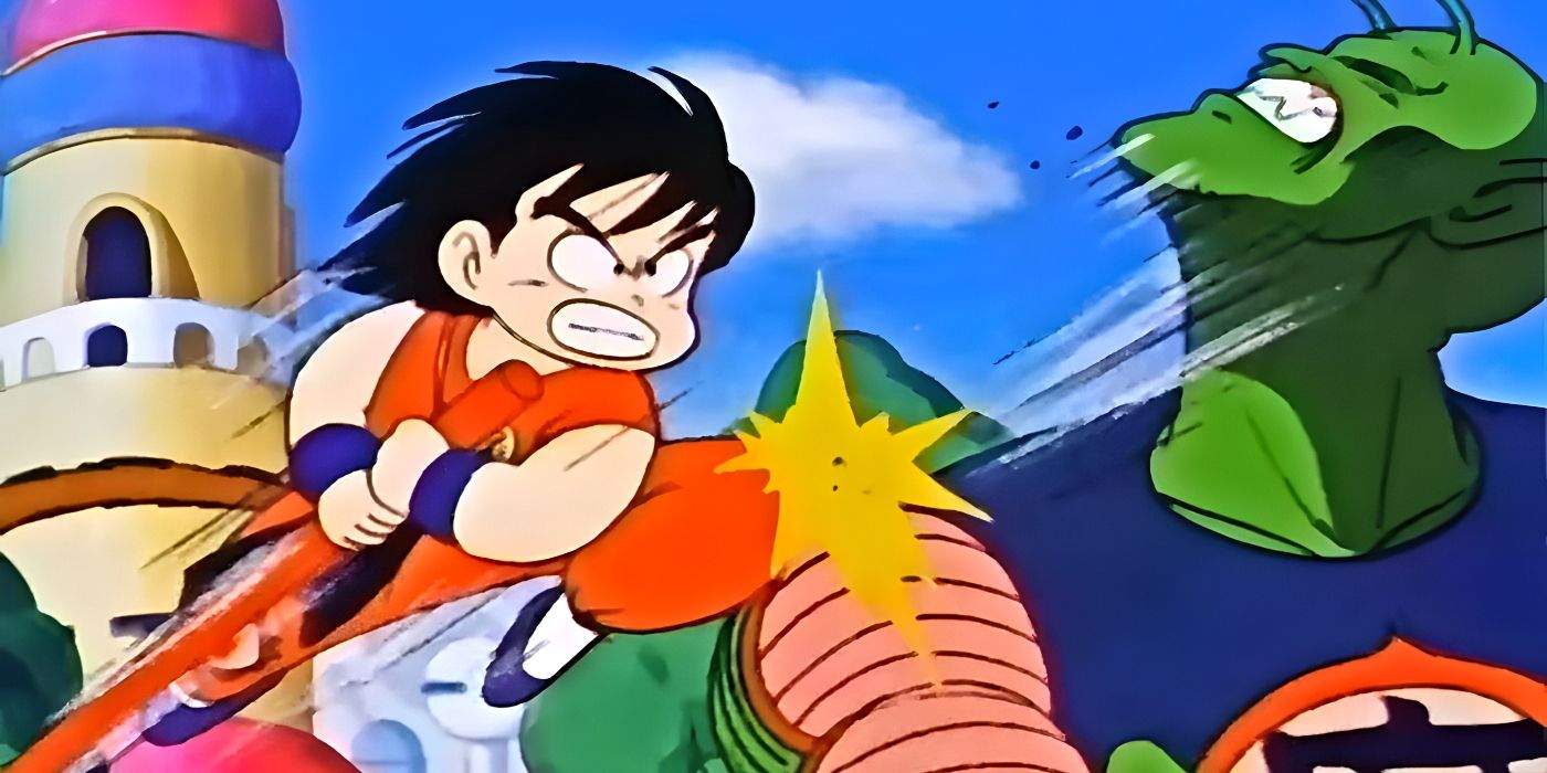 A child in orange clothing kicks a green humanoid creature in the face.