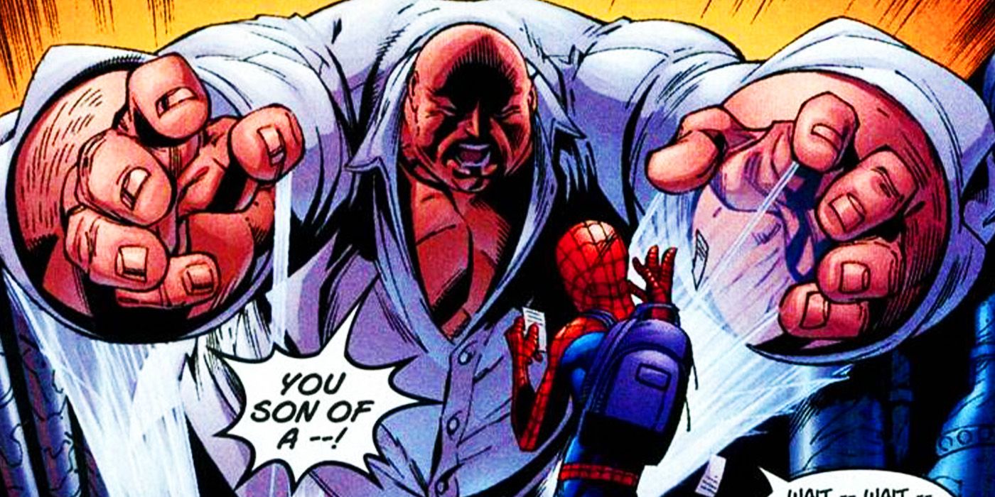 Kingpin chasing Spider-Man in Marvel Comics