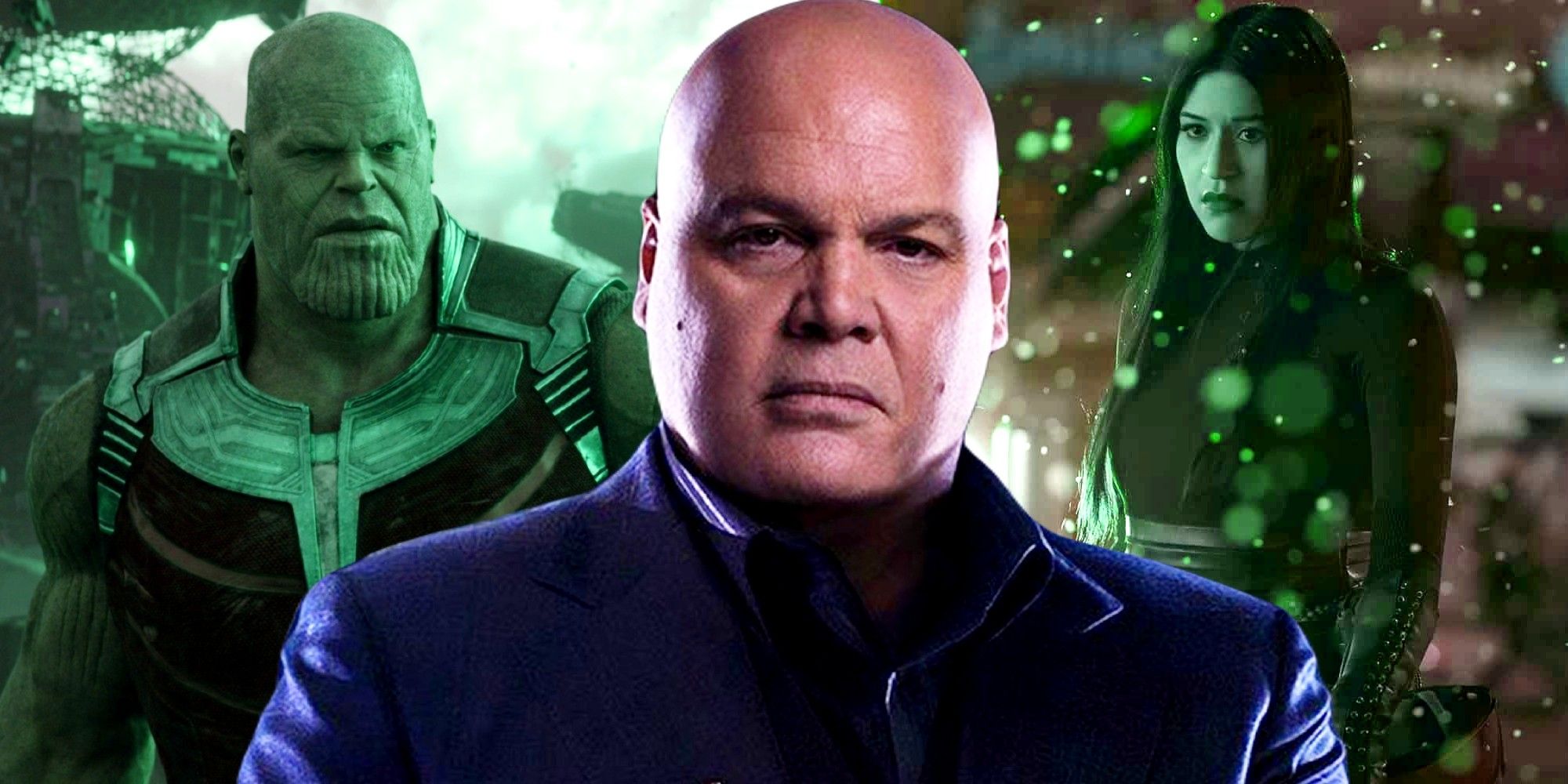 Vincent D'onofrio's Kingpin stands in the foreground of a blended image with Josh Brolin's Thanos and Alaqua Cox's Echo in the background in a green hue.