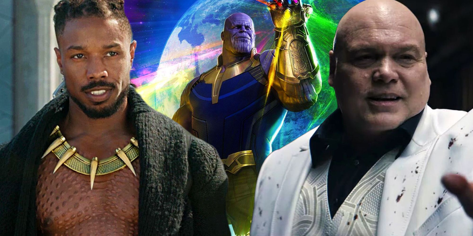 Thanos with the Infinity Gauntlet with Kingpin and Killmonger either side of him from their MCU appearances