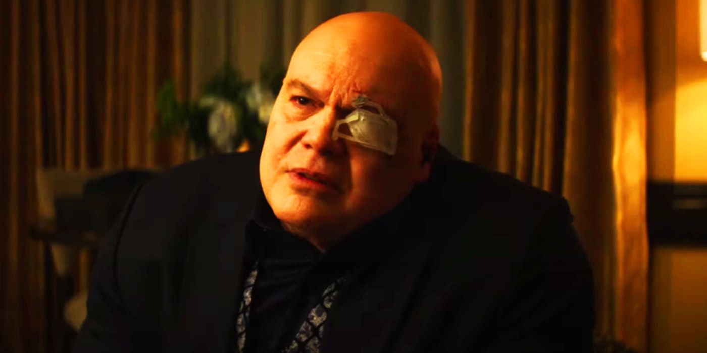 Kingpin with eye cover speaking to Echo