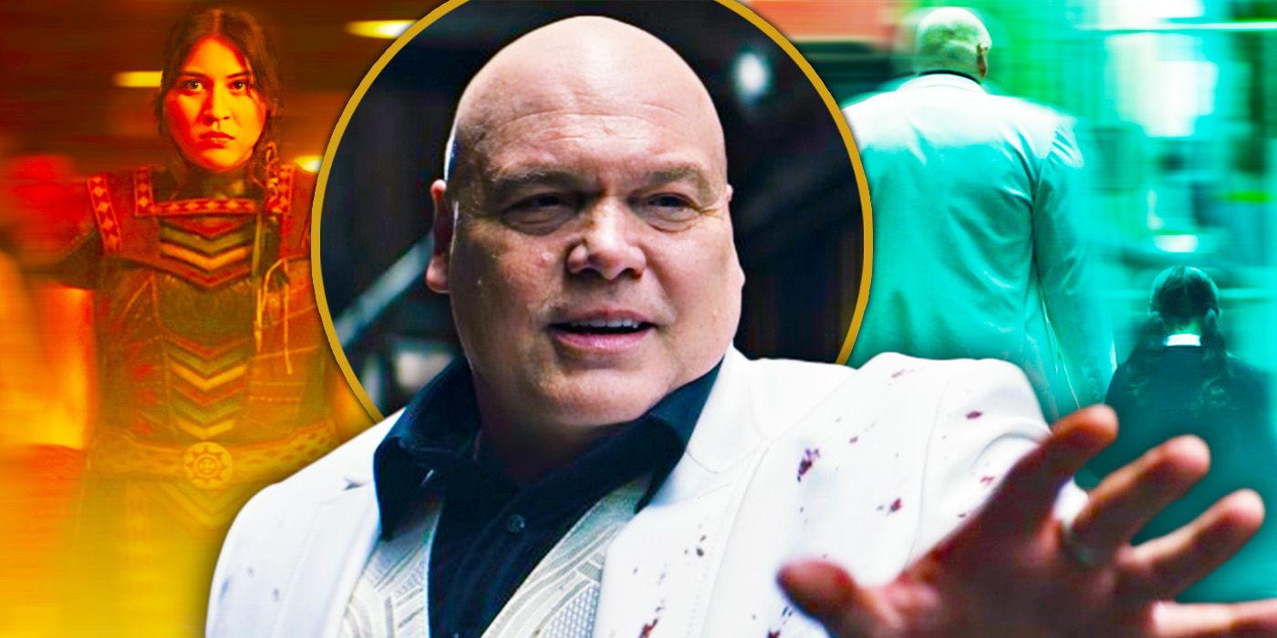 Edited image of Kingpin holding out his hand, Echo looking stoic & Kingpin holding Maya's hand