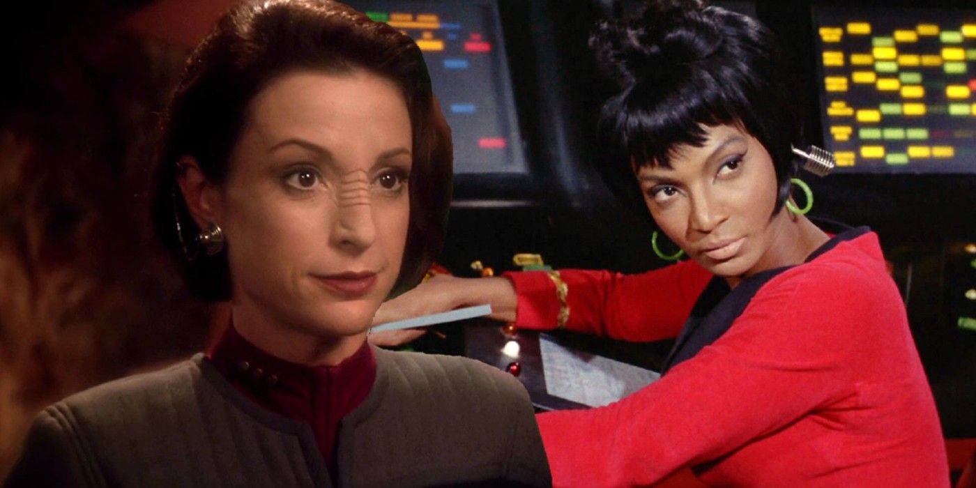 Nana Visitor as Kira Nerys and Nichelle Nichols as Nyota Uhura on Star Trek: DS9 and TOS.