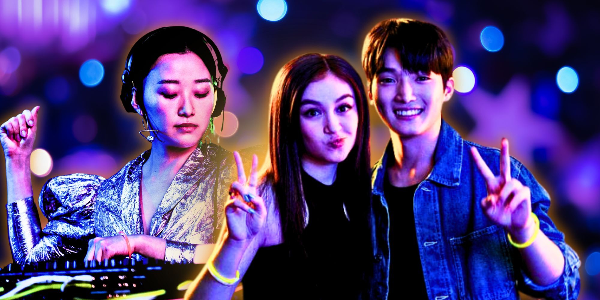 Esta colagem mostra Yuri, Kitty e Dae na festa de Min Ho em XO, Kitty contra um fundo preto e roxo