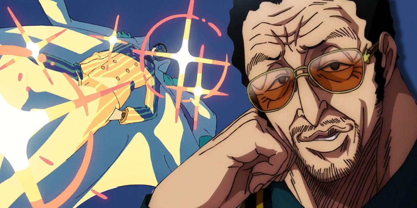 KIzaru from one piece looking thoughtful with a still from the opening featuring kizaru using his devil fruit in the background