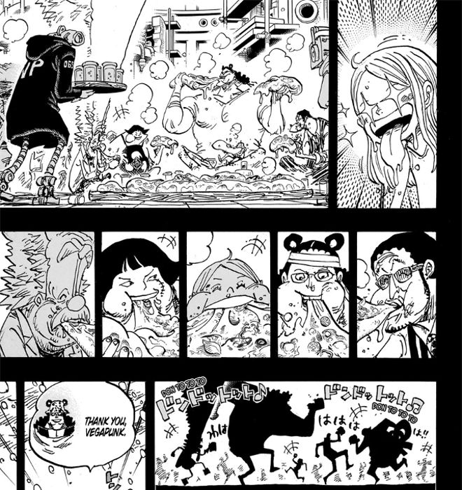 Kizaru partying on Egghead with Bonney, Kuma, Sentomaru and Vegapunk in One Piece