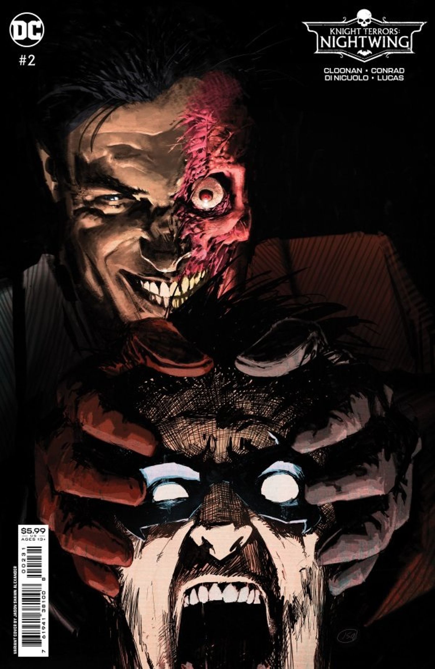 Knight Terrors: Nightwing #2 Variant by Jason Shawn Alexander, featuring Two-Face with a grip on Nightwing’s head