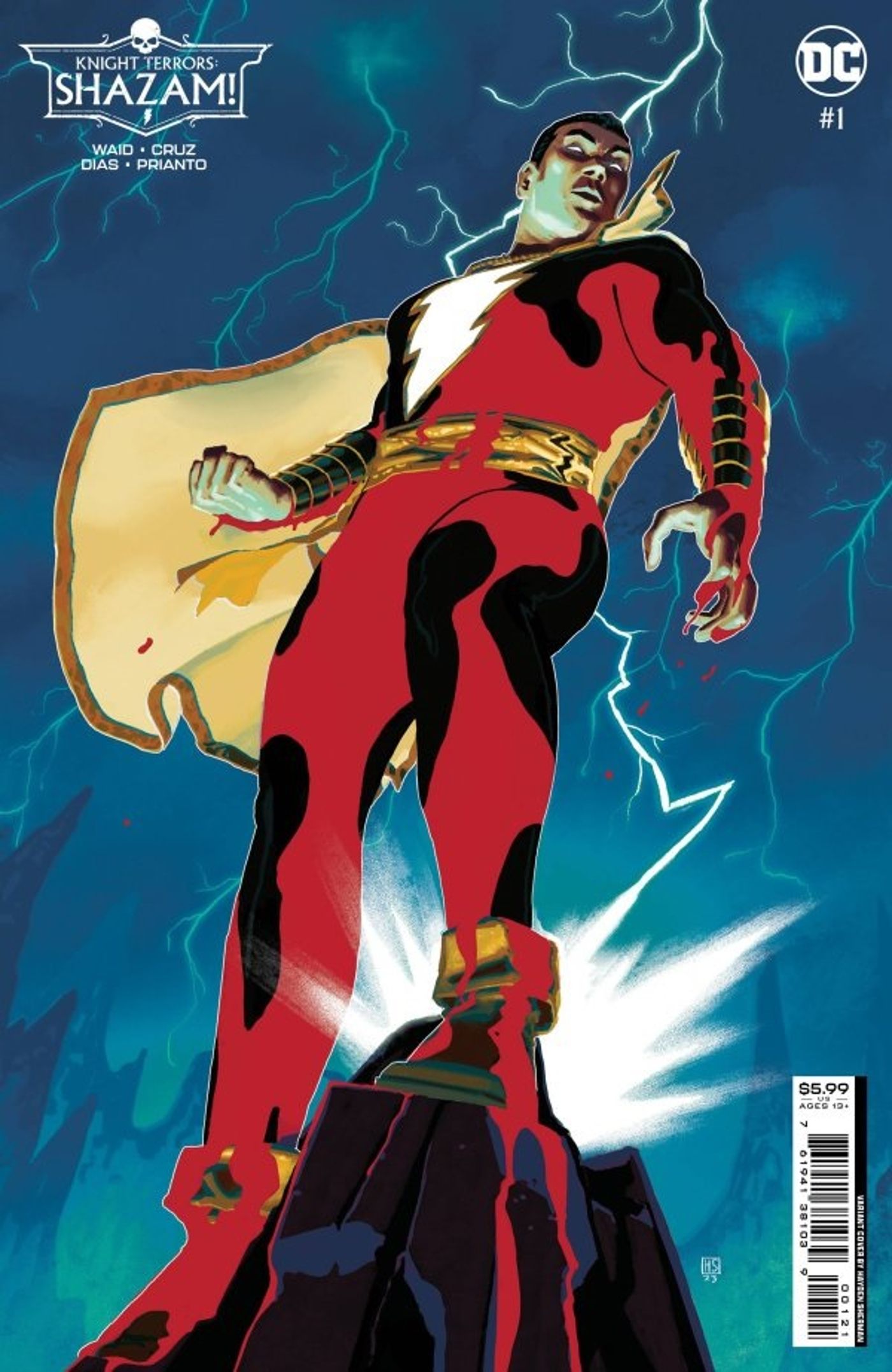 Knight Terrors: Shazam #1 Variant by Hayden Sherman, evil Shazam covered in blood